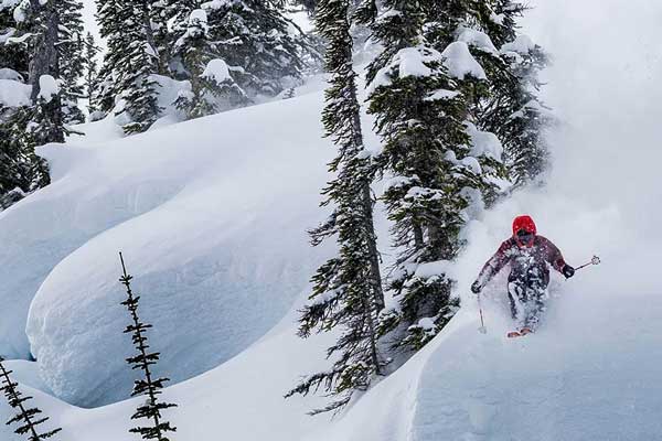 A skier sends a steep line through powder pillows. Image courtesy of Atomic.